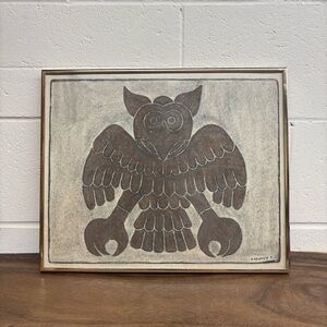 Vintage Framed Mayan Owl Rubbing by P Argaez P